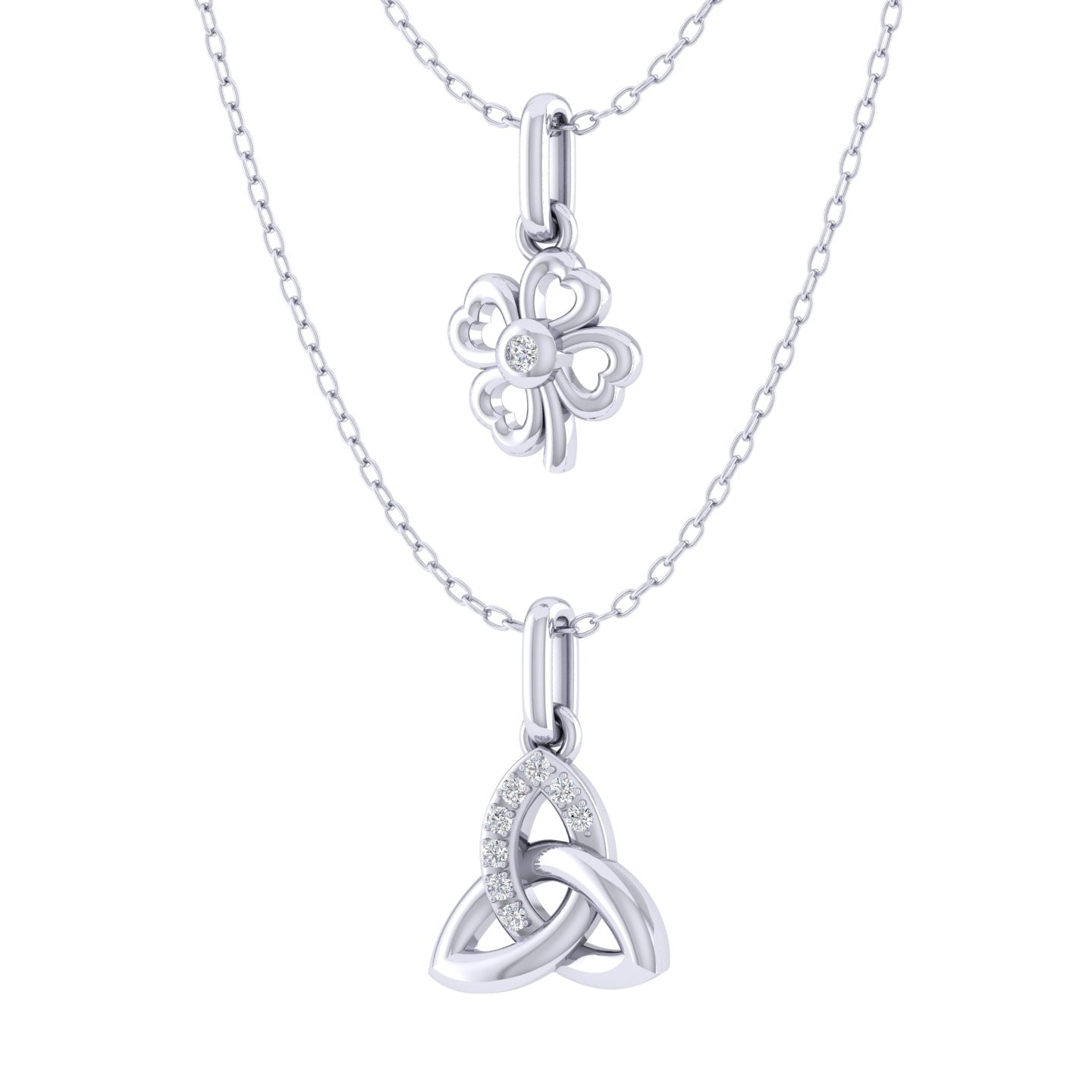 Four Leaf Clover and Celtic Trinity Knot Layered 1/20 Cttw Natural Diamond Pendant Necklace set in 925 Sterling Silver…