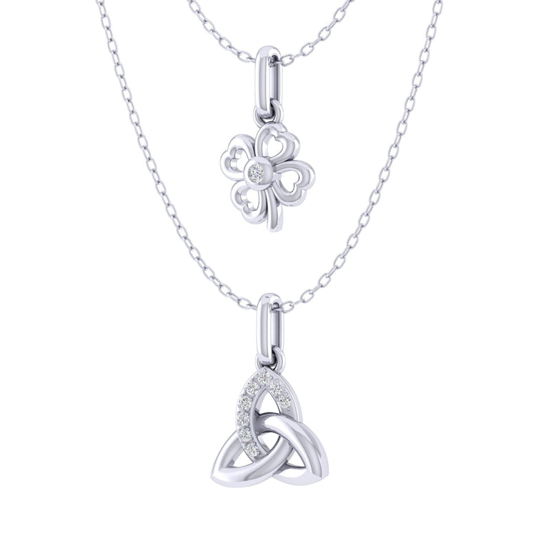 Four Leaf Clover and Celtic Trinity Knot Layered 1/20 Cttw Natural Diamond Pendant Necklace set in 925 Sterling Silver…