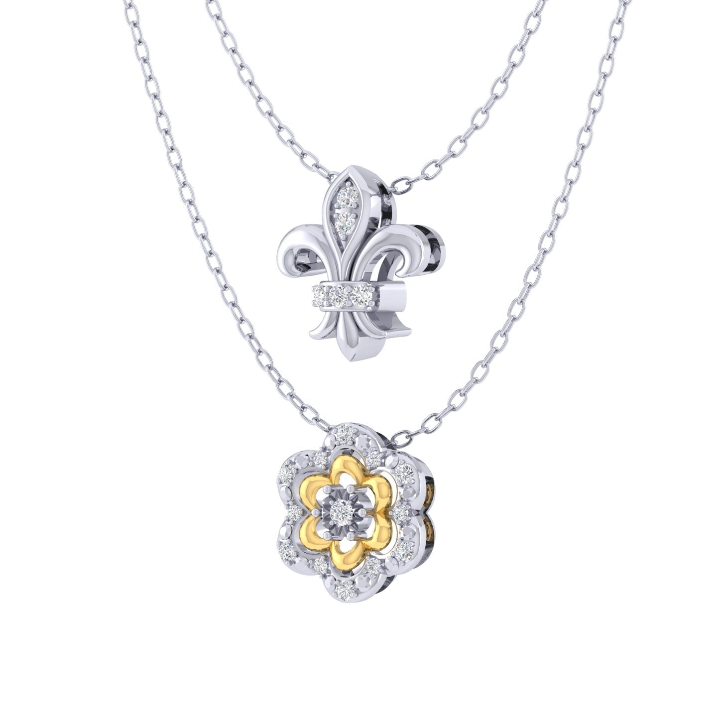 Fleur De Lis and Flower Layered 1/10 Cttw Natural Diamond Pendant Necklace set in 925 Sterling (Silver & Yellow Gold)… fine jewelry