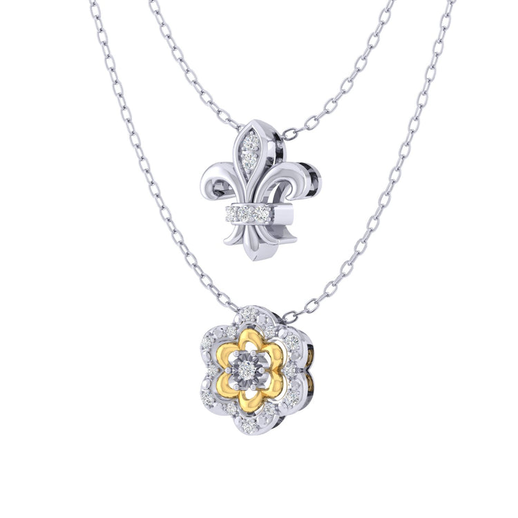 Fleur De Lis and Flower Layered 1/10 Cttw Natural Diamond Pendant Necklace set in 925 Sterling (Silver & Yellow Gold)… fine jewelry