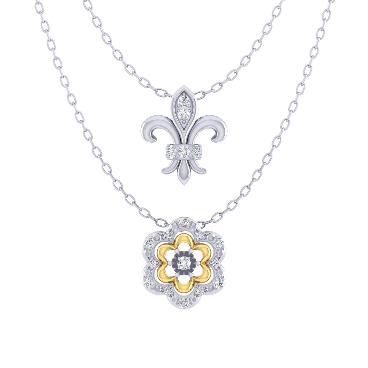 Fleur De Lis and Flower Layered 1/10 Cttw Natural Diamond Pendant Necklace set in 925 Sterling (Silver & Yellow Gold)… fine jewelry