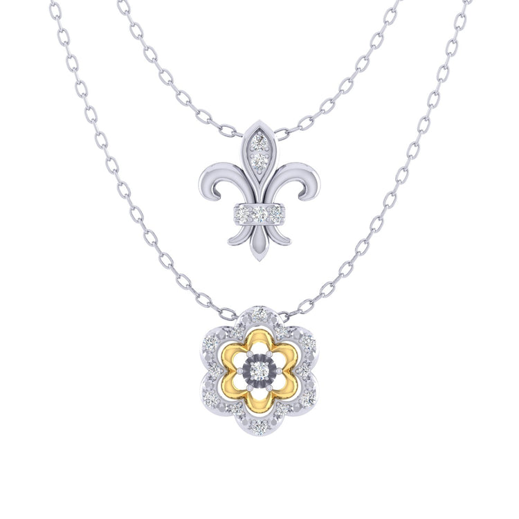 Fleur De Lis and Flower Layered 1/10 Cttw Natural Diamond Pendant Necklace set in 925 Sterling (Silver & Yellow Gold)… fine jewelry