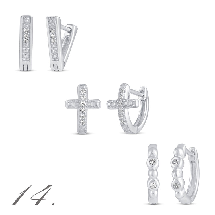 3 Pairs Set Ear Party 1/10 -1/20 Cttw Natural Diamond Earrings in 925 Sterling Silver cross huggies hoops
