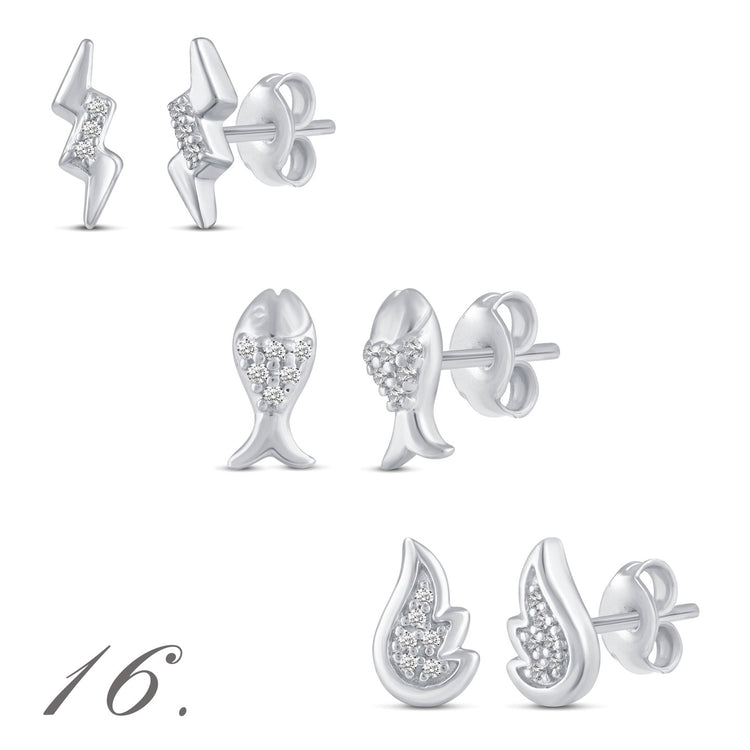 3 Pairs Set Ear Party 1/10 -1/20 Cttw Natural Diamond Earrings in 925 Sterling Silver lightning fish angel wing