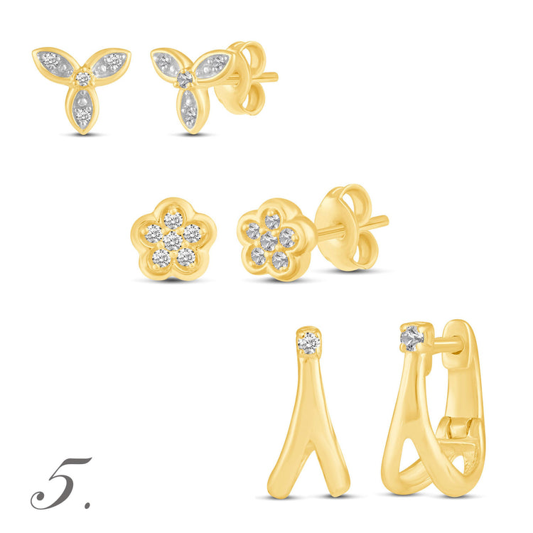 3 Pairs Set Ear Party 1/10 -1/20 Cttw Natural Diamond Earrings in 925 Sterling Silver yellow gold flower huggies