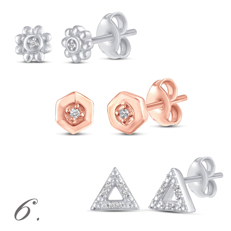 3 Pairs Set Ear Party 1/10 -1/20 Cttw Natural Diamond Earrings in 925 Sterling Silver triangle flower rosegold