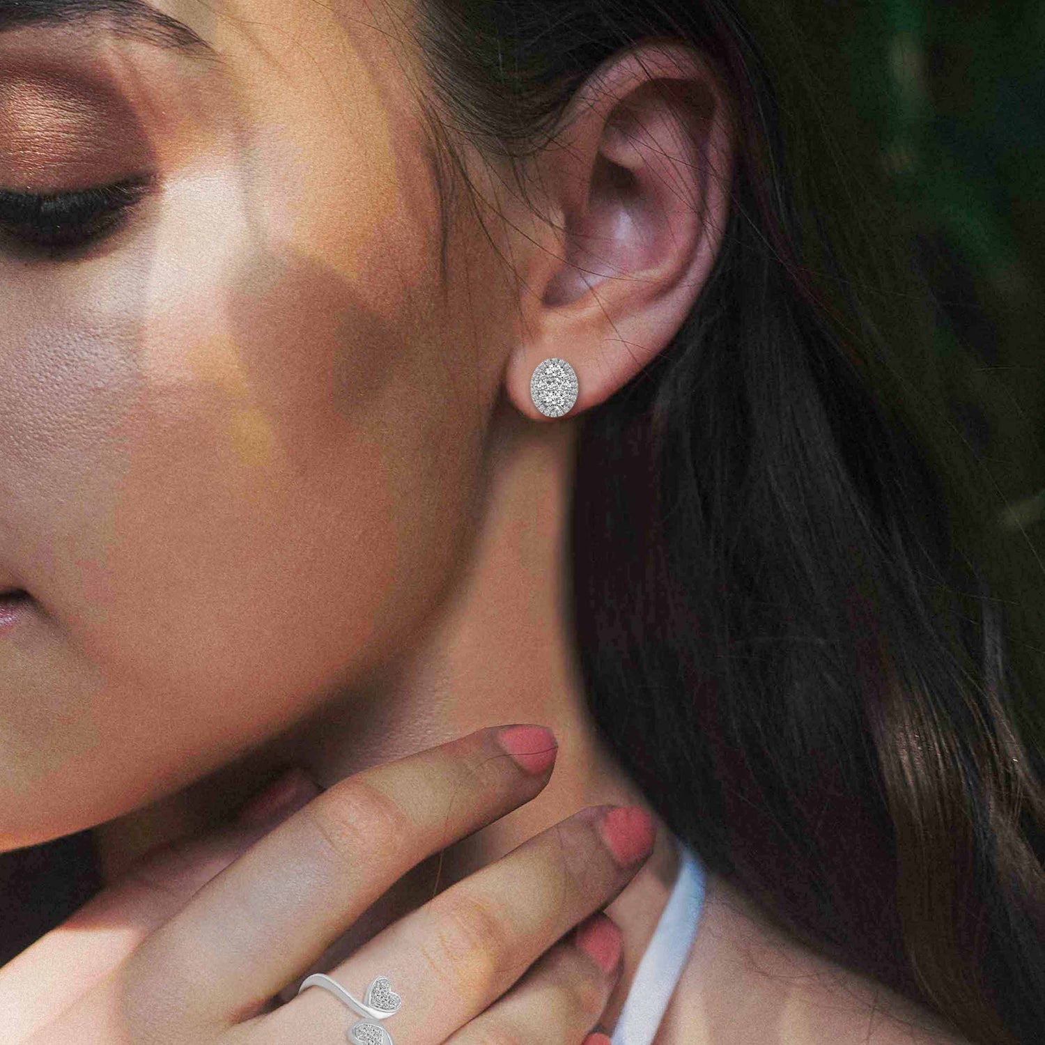 1 CTW Diamond Halo Cluster Stud Earrings set in 925 Sterling Silver Round/Oval/Square/Pear Shape
