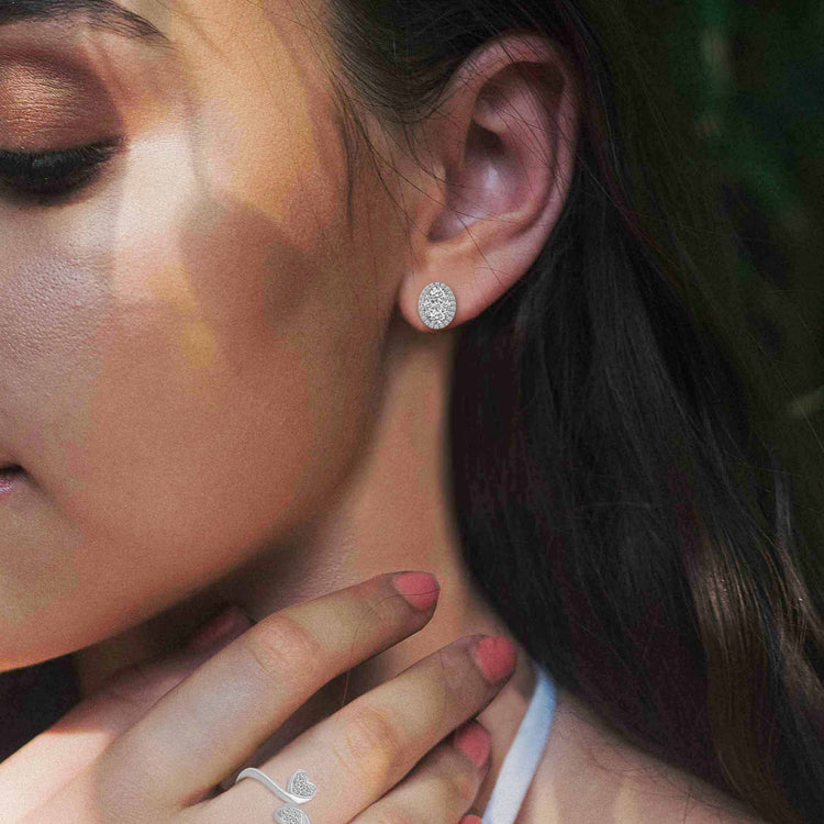 1 CTW Diamond Halo Cluster Stud Earrings set in 925 Sterling Silver Round/Oval/Square/Pear Shape