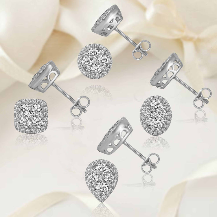 1 CTW Diamond Halo Cluster Stud Earrings set in 925 Sterling Silver Round/Oval/Square/Pear Shape