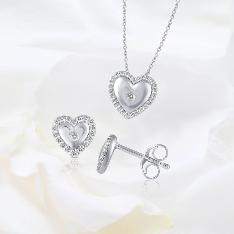 Set of 2 : 3/8 CT TW Diamond Puff Halo Heart Pendant & Earrings in 925 Sterling Silver