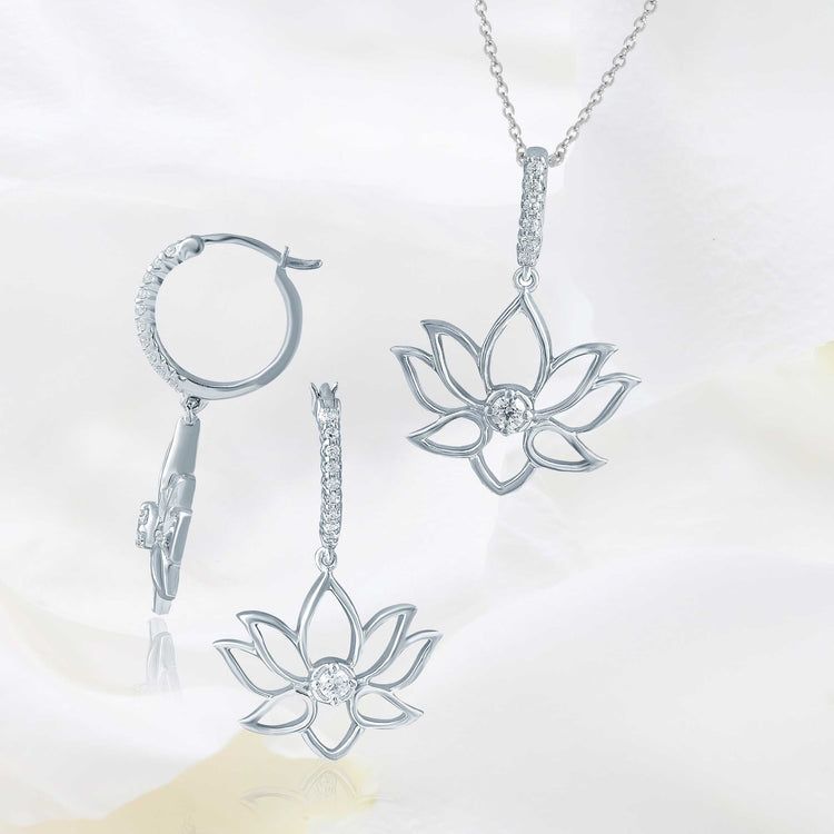 Set of 2 : 3/10 CT TW Diamond Lotus Flower Pendant & Earrings in Sterling Silver