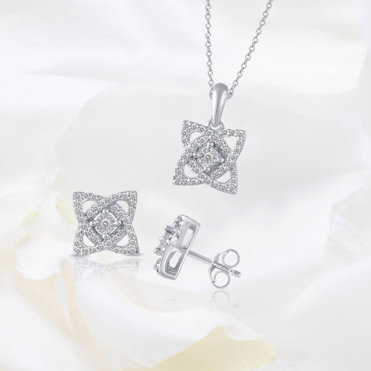 Set of 2 : 1/3 CT TW Diamond Open Petal Flower Pendant & Earrings in 925 Sterling Silver