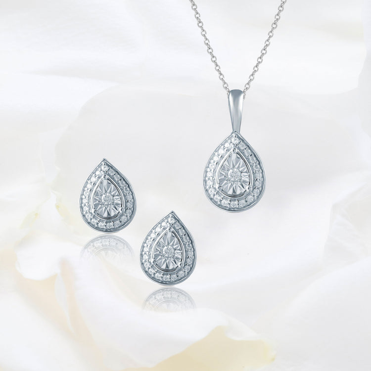 Set of 2 : 3/10CT TW Diamond Teardrop Pear Shaped Pendant & Earrings in Sterling Silver