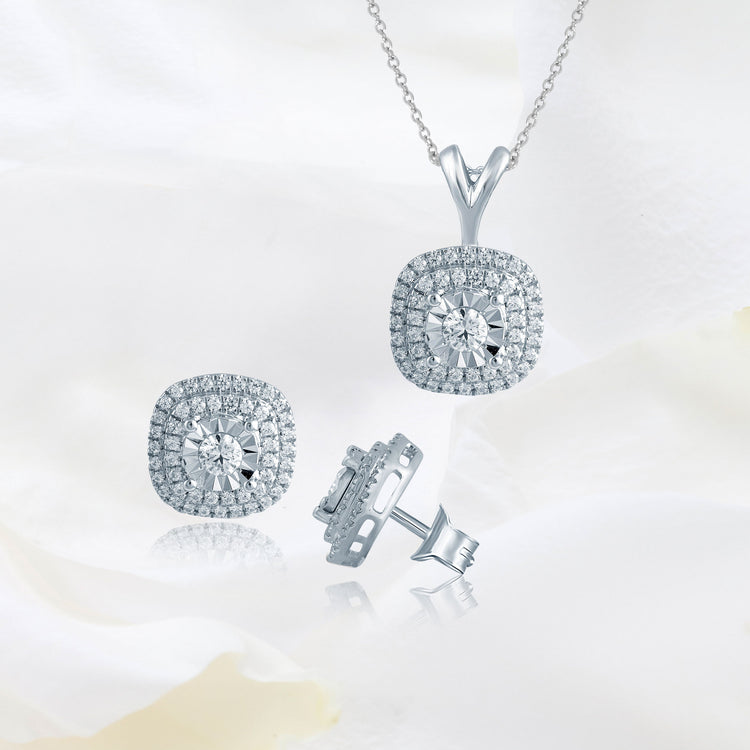 Set of 2 : 3/4CT TW Diamond Cushion Cluster Pendant & Earrings in Sterling Silver