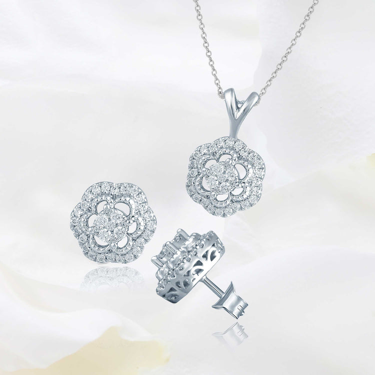 Set of 2 : 3/4CT TW Diamond Floral Cluster Pendant & Earrings in Sterling Silver