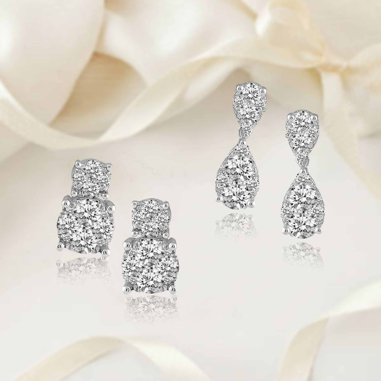 1 1/2 Cttw (I1-I2 Clarity) Diamond Duo Drop Cluster Earrings in 14K White Gold