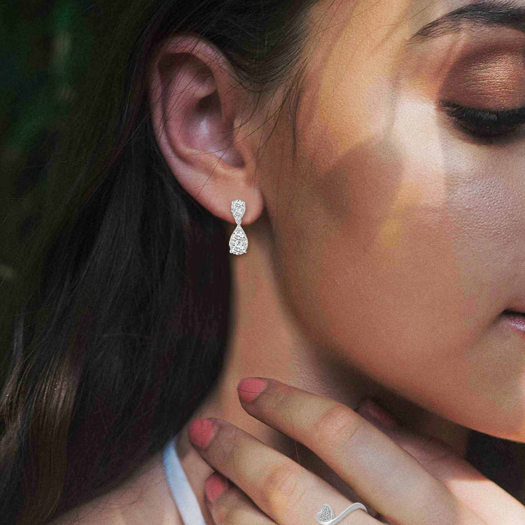 1 1/2 Cttw (I1-I2 Clarity) Diamond Duo Drop Cluster Earrings in 14K White Gold