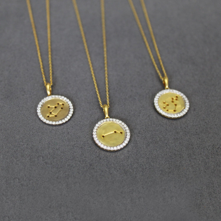 1/20 Cttw Diamond Zodiac Halo Pendant Necklace set in 925 Sterling Silver 14K Yellow Gold Plating
