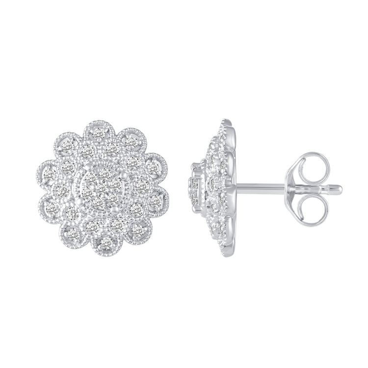1 Ctw Diamond Vintage Flower Earrings in 925 Sterling Silver