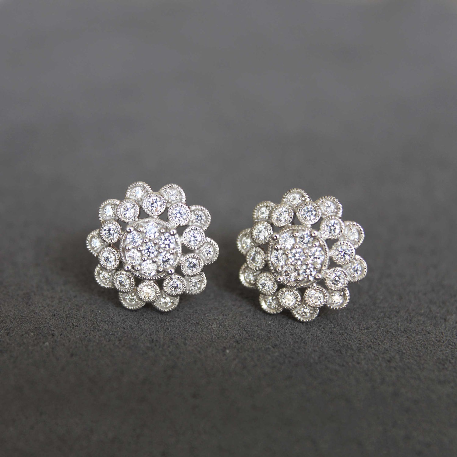 1 Ctw Diamond Vintage Flower Earrings in 925 Sterling Silver