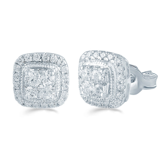 1/2Ct Diamond Stud Earrings Set in 925 Sterling Silver Womens Cushion Halo