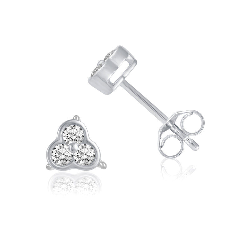 Three Leaf Clover Stud Earrings with 1/4 Ctw Natural Diamonds set in 925 Sterling Silver