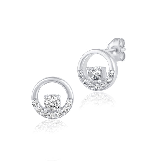 Circle Stud Earrings with 1/4 Ctw Natural Diamonds set in 925 Sterling Silver