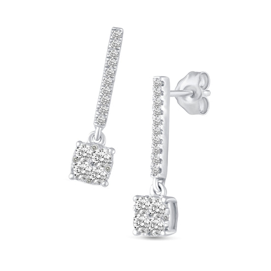 1/2 Ctw Natural Diamonds Dangle Drop Cushion Earrings in 925 Sterling Silver