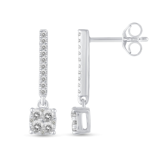 1/2 Ctw Natural Diamonds Cushion Dangle Drop Earrings in 925 Sterling Silver