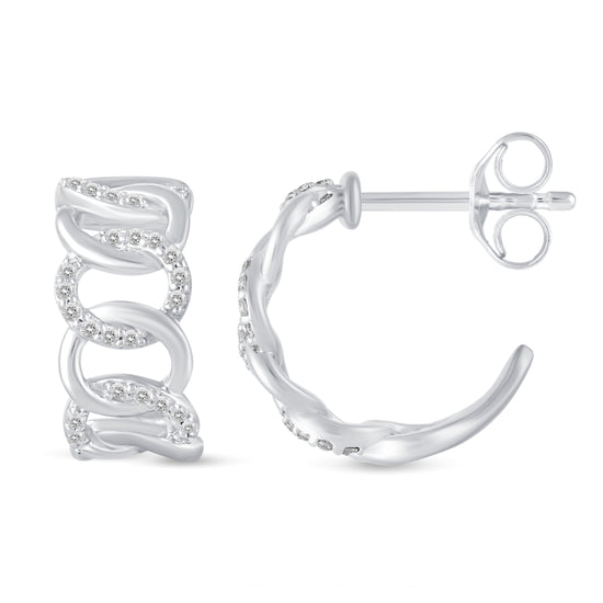 1/5 Ctw Natural Diamond Link Pave Hoop Earrings in 925 Sterling Silver