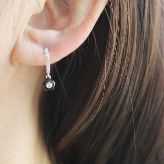 1/5 Ctw Natural Diamonds Black Enamel Flower Dangle Drop Hoop Earrings in 925 Sterling Silver