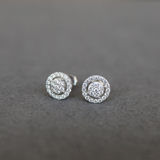 1/2Ct Diamond Halo Circle Stud Earrings Set in 925 Sterling Silver