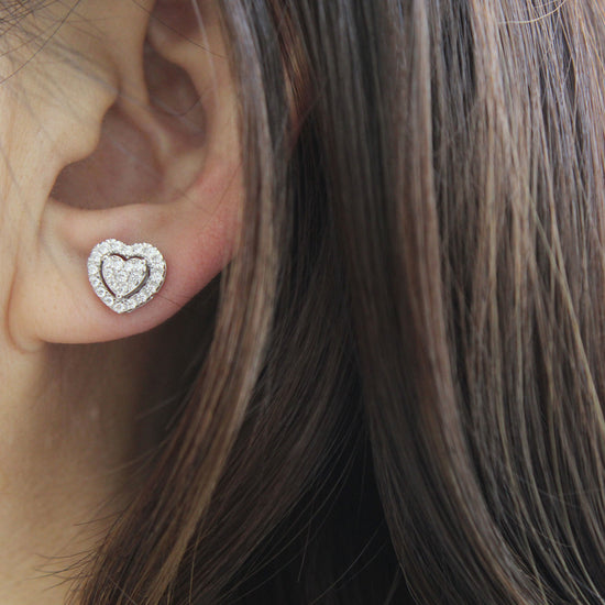 1/2Ct Diamond Halo Heart Stud Earrings Set in 925 Sterling Silver