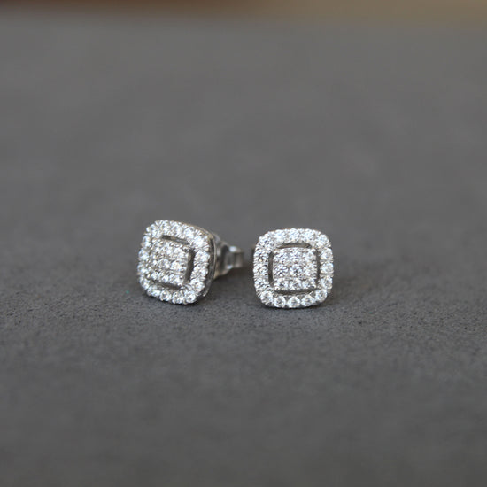 1/2Ct Diamond Halo Square Stud Earrings Set in 925 Sterling Silver