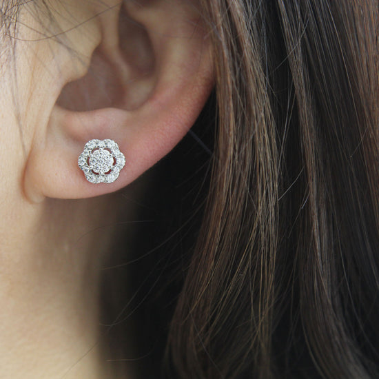 3/8Ct Diamond Halo Floral Stud Earrings Set in 925 Sterling Silver