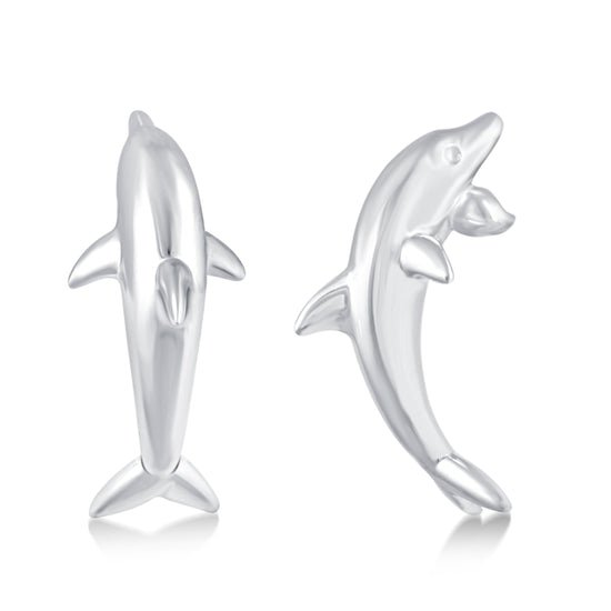 Mini Dolphin Love and Peace Lucky Charm Stud Earrings in 925 Sterling Silver