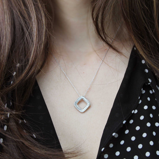1/2 Cttw Diamond Open Square Pave Twisted Pendant Necklace set in 925 Sterling Silver