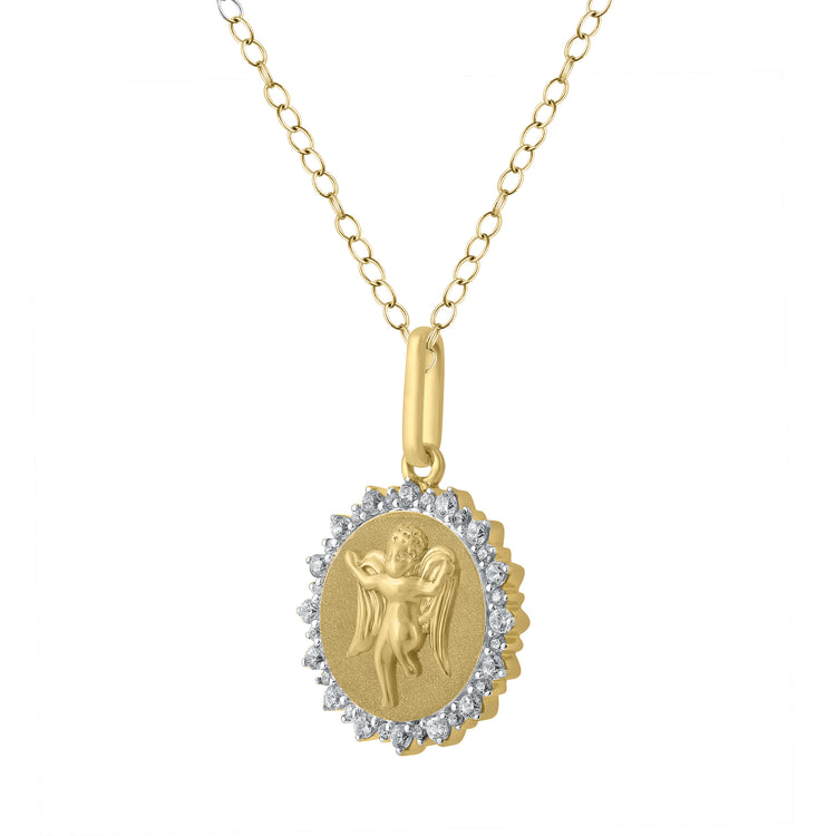 1/4 Cttw Diamond Angel Medallion Coin Necklace fifth and fine jewelry k14 yellow gold 925 sterling silver