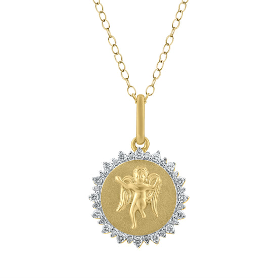 1/4 Cttw Diamond Angel Medallion Coin Necklace fifth and fine jewelry k14 yellow gold 925 sterling silver