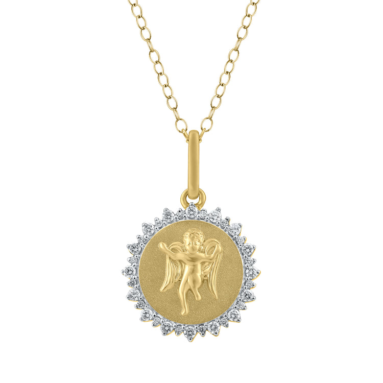 1/4 Cttw Diamond Angel Medallion Coin Necklace fifth and fine jewelry k14 yellow gold 925 sterling silver