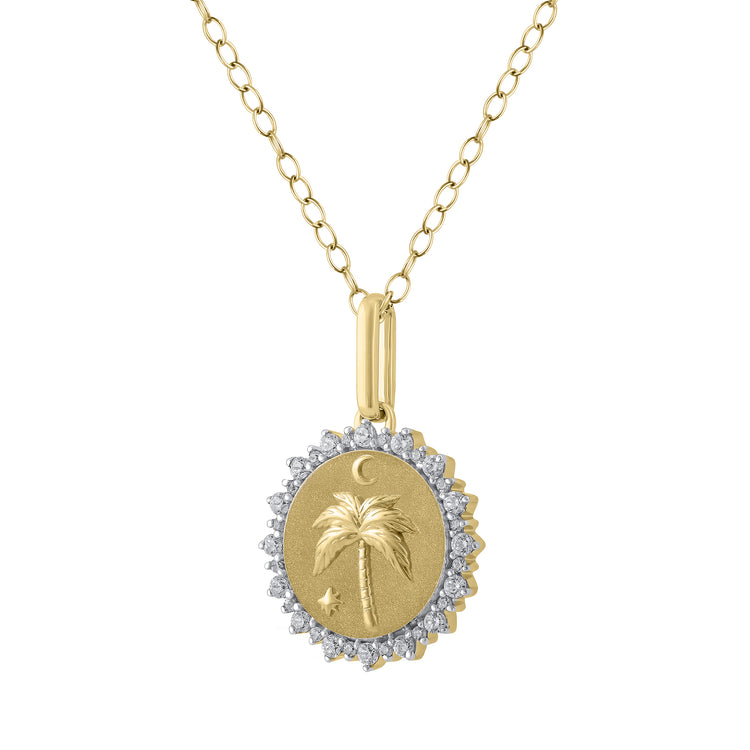 1/4 Cttw Diamond Palm Tree Medallion Coin Necklace fifth and fine jewelry k14 yellow gold 925 sterling silver