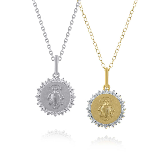 1/4 Cttw Diamond Scarab Medallion Coin Necklace fifth and fine jewelry k14 yellow gold 925 sterling silver