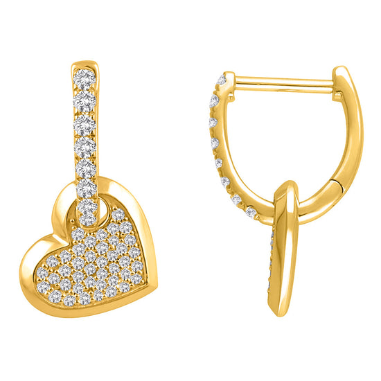 1/2 Cttw Hoop with Diamond Heart Dangle Earrings in 14K Yellow Gold 