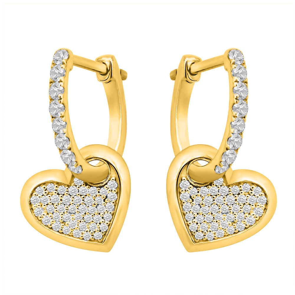 1/2 Cttw Hoop with Diamond Heart Dangle Earrings in 14K Yellow Gold 