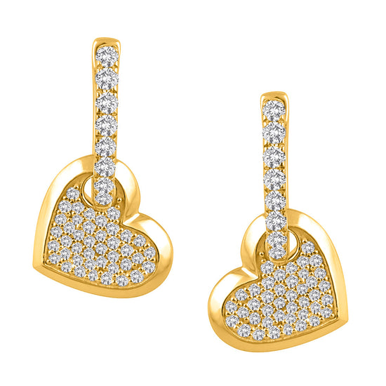 1/2 Cttw Hoop with Diamond Heart Dangle Earrings in 14K Yellow Gold 