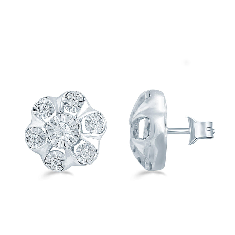 1/4CT TW  Diamond Floral Cluster Stud Earrings in Sterling Silver - Fifth and Fine