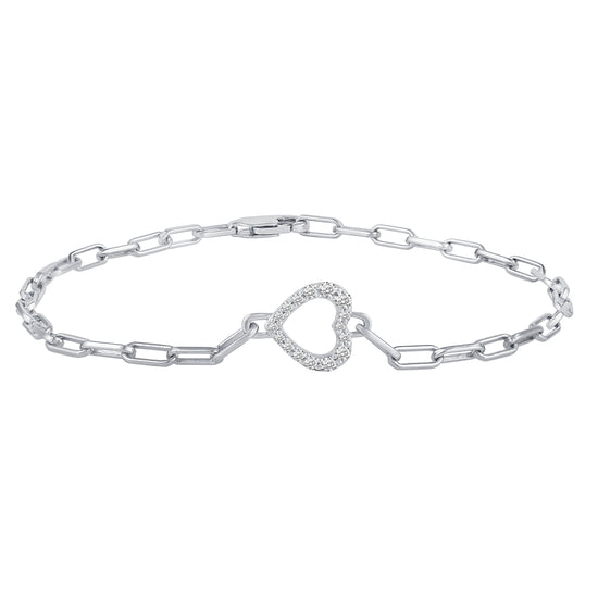 1/5 Cttw Natural Diamond Pave Heart Link Chain 7" Bracelet in 925 Sterling Silver