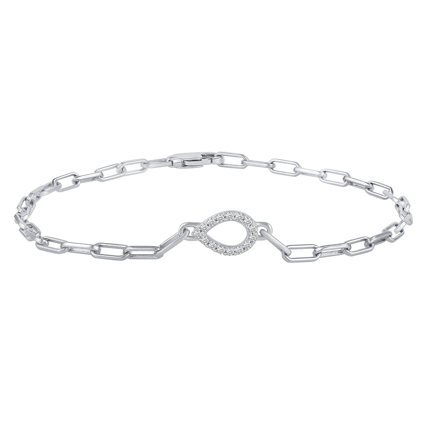 1/6 Cttw Natural Diamond Pave Teardrop Link Chain 7" Bracelet in 925 Sterling Silver