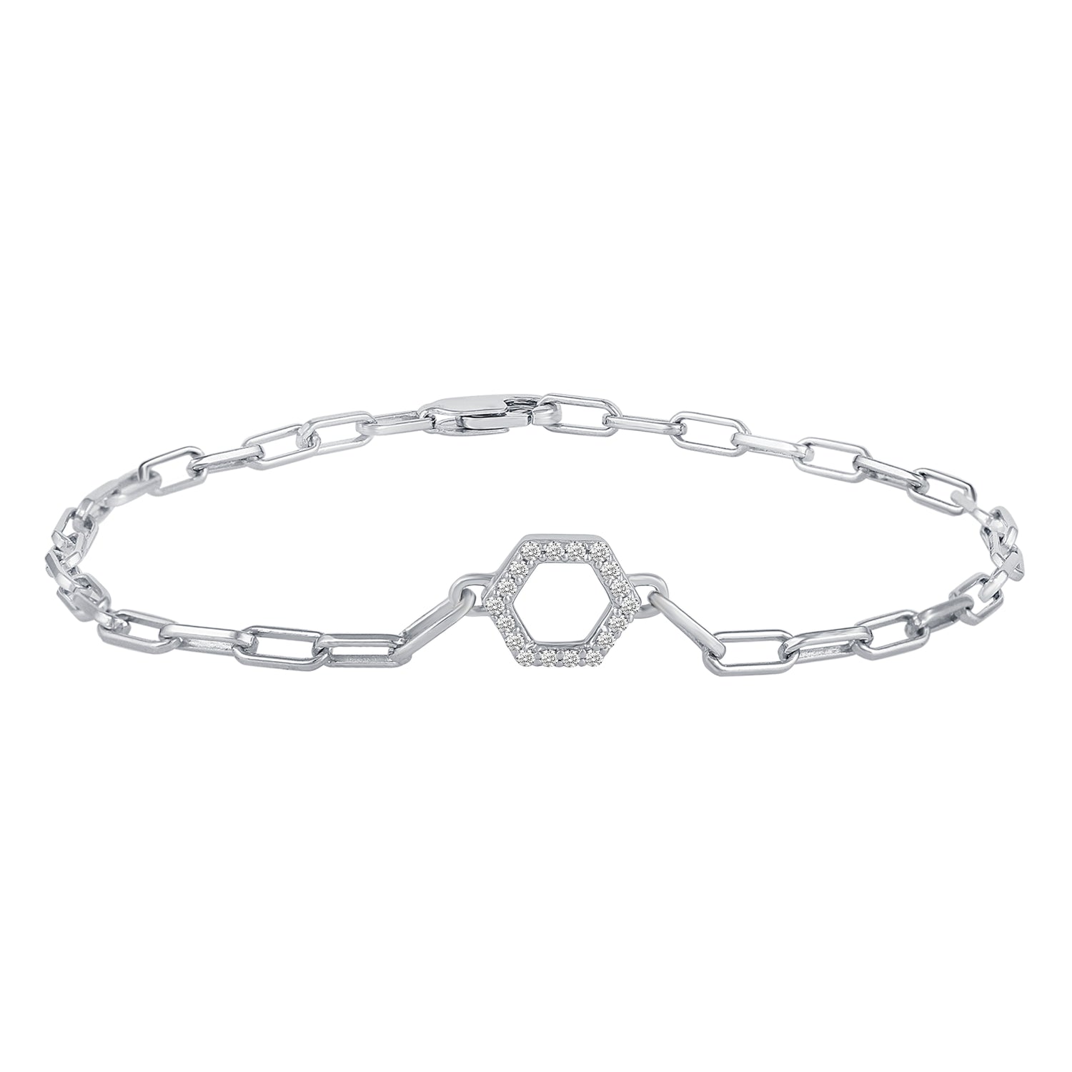 1/6 Cttw Natural Diamond Pave Hexagon Link Chain 7" Bracelet in 925 Sterling Silver