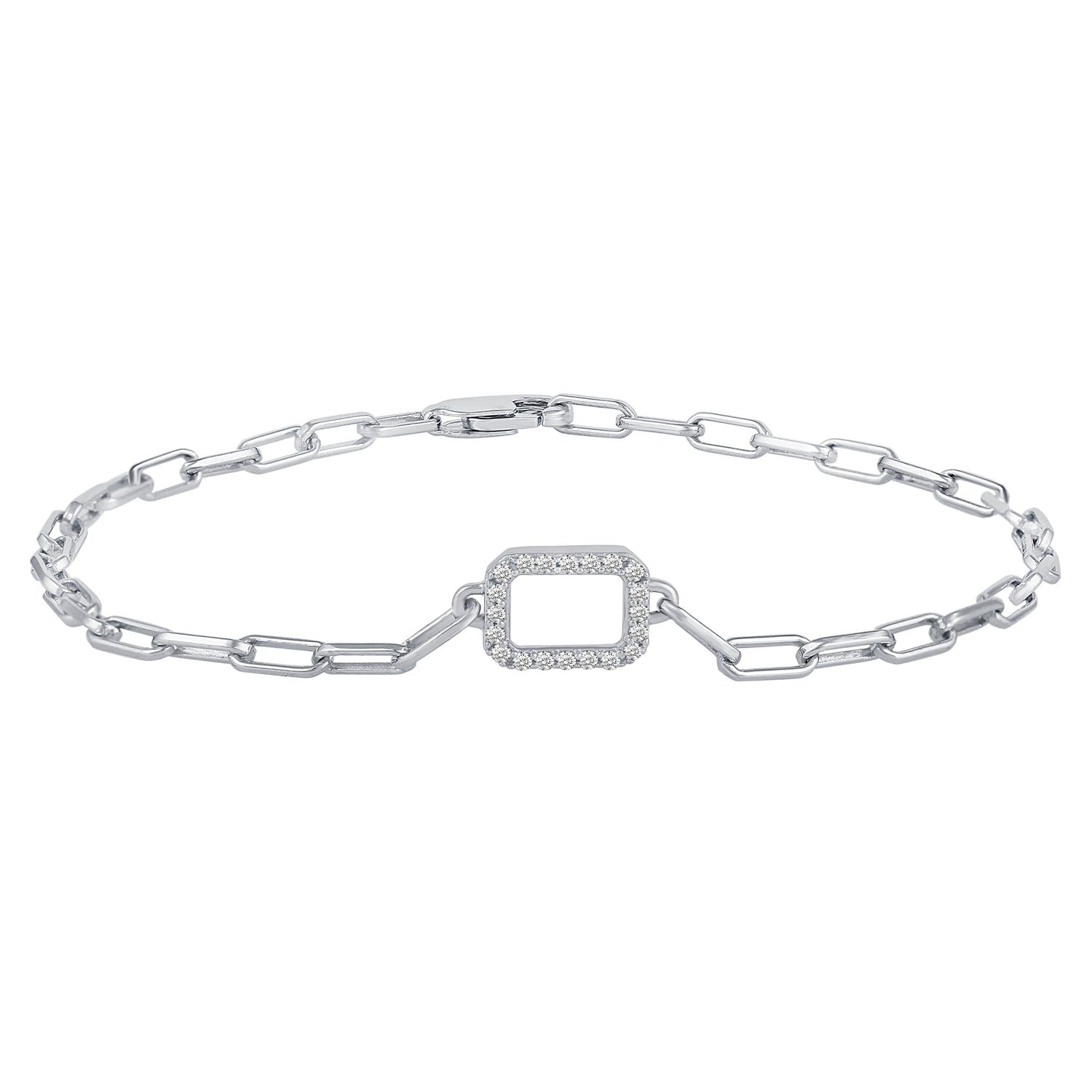 1/6 Cttw Natural Diamond Pave Rectangle Link Chain 7" Bracelet in 925 Sterling Silver